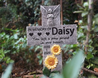 Personalized Pet Memorial Garden Stone, Angel Cross Tombstone (12.7")