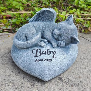 Custom Cat Memorial Stone - A Heart Shaped Pet Memorial Stones Grave Markers with an Angel Cat Statue Sleeping on it, Pet Cat Stone Marker
