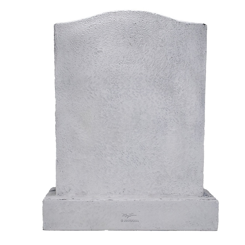 May include: A white concrete tombstone with a rounded top and a flat base. The base has the text "MyGift" and "&copy;JINHUGOA" printed on it.