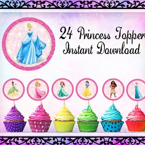 24 Princess Cupcake Toppers, Disney Birthday, Princess Party, Princess Cupcake Picks
