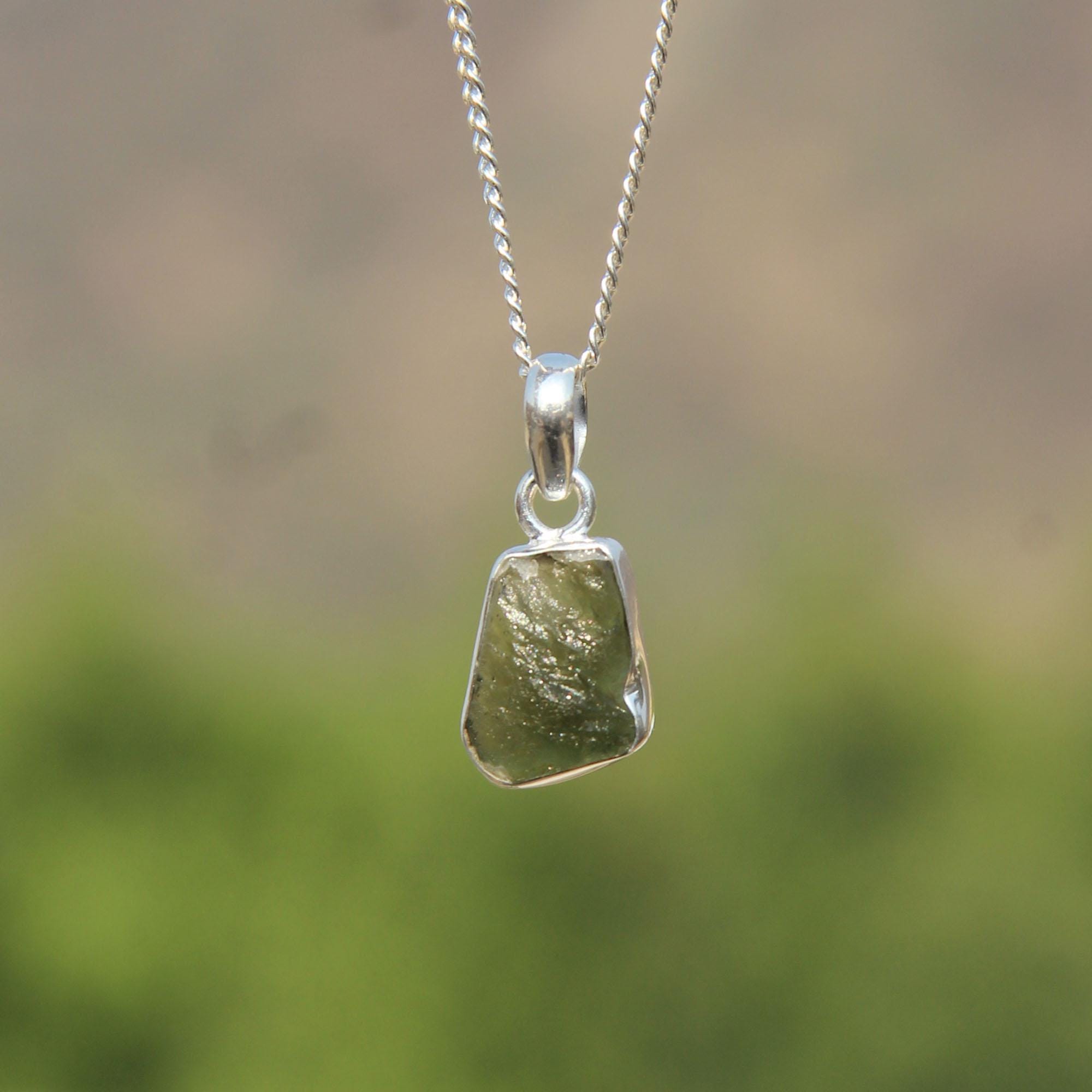 Raw Moldavite Pendant: Sterling Silver Green Crystal Necklace