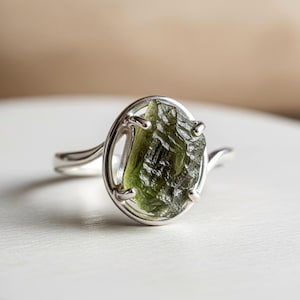 Dainty Raw Moldavite Ring, Genuine Sterling Silver Ring, Meteorite Crystal Jewelry, High Vibration Gemstone Gift