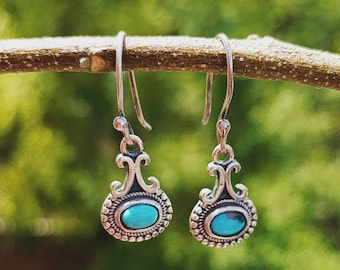 Tiny oval turquoise boho sterling silver earrings / Blue Gemstone Dangle silver Earrings/ turquoise drops/ dainty earrings/ gift for her