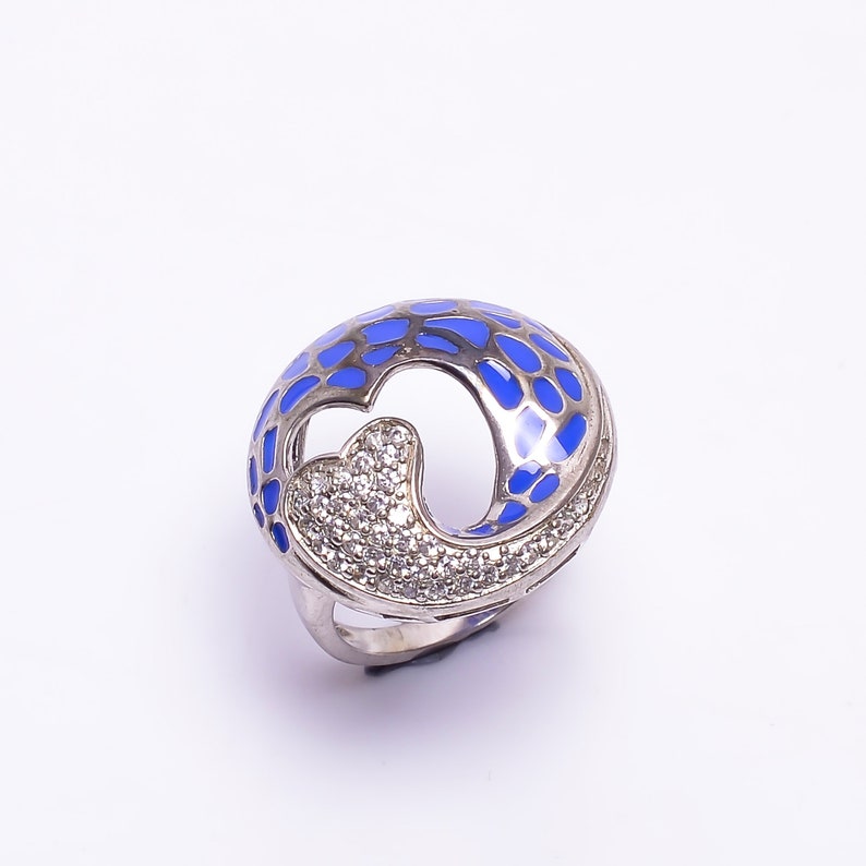 Vintage blue white Ring December birthstone ring Bohemian Ring Large boho statement natural cubic zirconia  925sterling silver ring