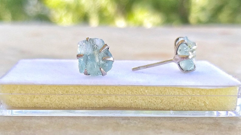 Unusual light blue gemstone silver studs Light Blue raw aqua Raw Aquamarine Stud Earrings In Sterling Silver Natural Rough Raw Aqua