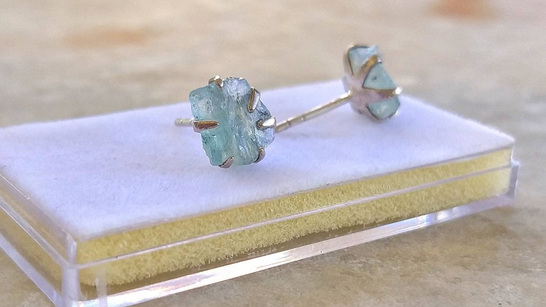 Unusual light blue gemstone silver studs Light Blue raw aqua Raw Aquamarine Stud Earrings In Sterling Silver Natural Rough Raw Aqua