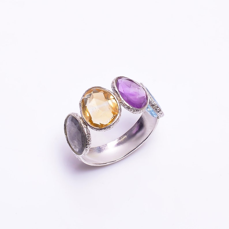 Amethyst Citrine aquamarine labradorite women ring 4 stone vintage gemstone sterling silver ring antique birthstone ring