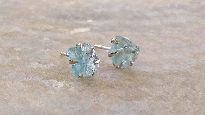 Unusual light blue gemstone silver studs Light Blue raw aqua Raw Aquamarine Stud Earrings In Sterling Silver Natural Rough Raw Aqua