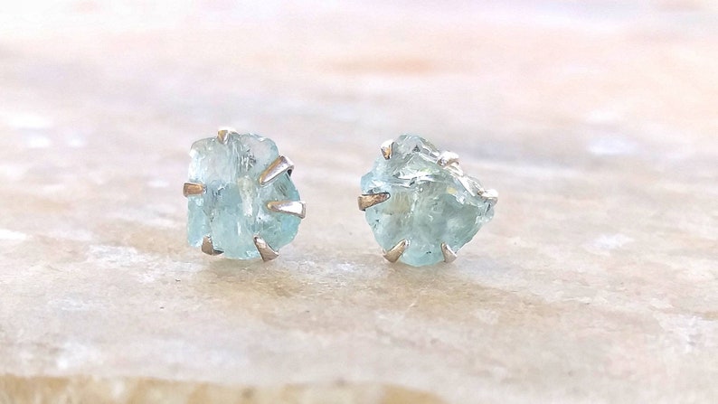 Unusual light blue gemstone silver studs Light Blue raw aqua Raw Aquamarine Stud Earrings In Sterling Silver Natural Rough Raw Aqua