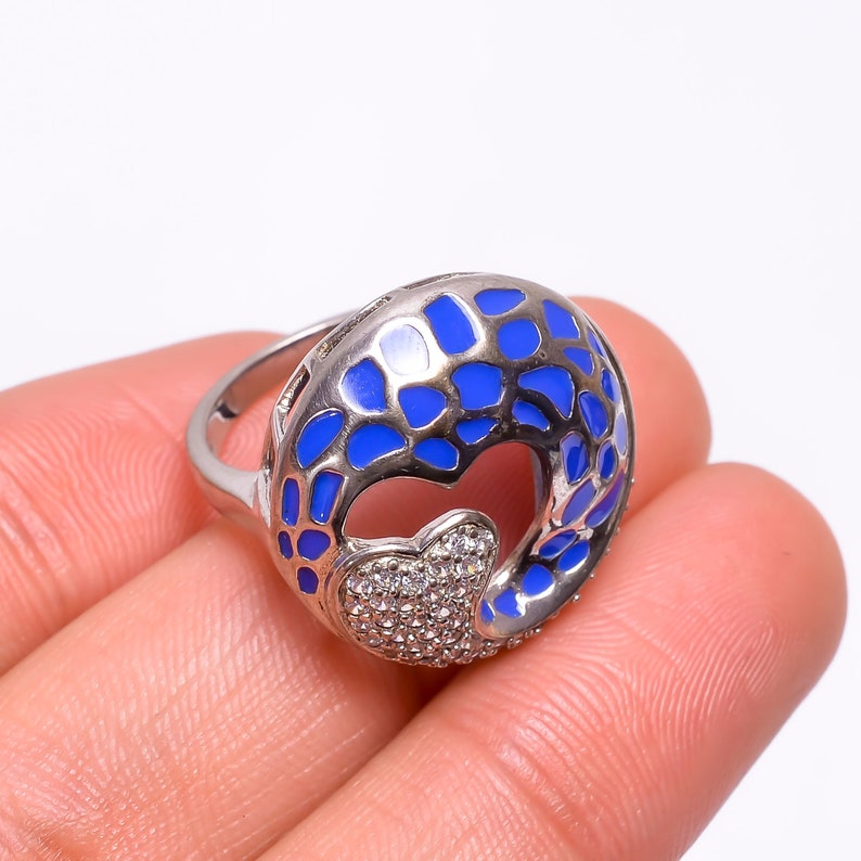 Vintage blue white Ring December birthstone ring Bohemian Ring Large boho statement natural cubic zirconia 925sterling silver ring