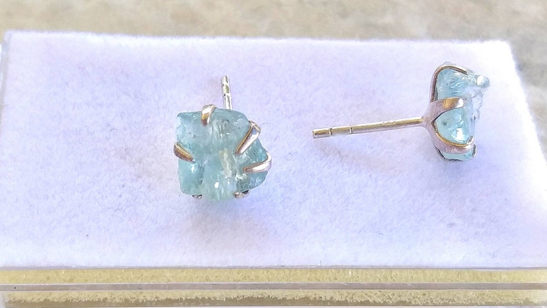 Unusual light blue gemstone silver studs Light Blue raw aqua Raw Aquamarine Stud Earrings In Sterling Silver Natural Rough Raw Aqua