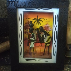 Natural Blackwood Picture African Animals People Sunset Makonde Tribe Tanzania Africa Carved Art Wall Hanging Decoration Dark Wood Orange