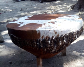 African Drum Side Table, Cowhide Center Working, Brown White, Solid Hardwood Bongo Drum, Boho Living Room Decor, Handmade in Kenya