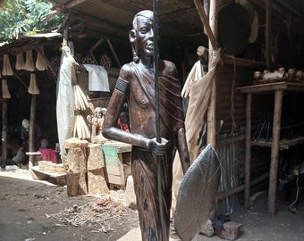 Ironwood Maasai Warrior Statue Spear Shield Kamba Tribe Kenya Africa Hand-Carved Sculpture Life Size Entryway Art Object Antique Vintage