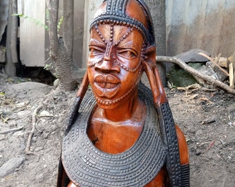 Original Solid Rosewood Maasai "Woman Bust" Sculpture Kenya Africa Kamba Tribe Hand-Carved Table Shelf Floor Sculpture Art Home Office Large