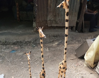 Giraffe Set Of 3PCS Handmade Olivewood Kamba Original Hardwood African Animal Art Carving Floor Decoration Beige Black Brown You Choose Size