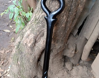 Original 1980's Retro Style African Walking Hiking Stick Cane Handmade Kenya Africa Carved Art 1-Piece Natural Blackwood or Rose Wood Unisex
