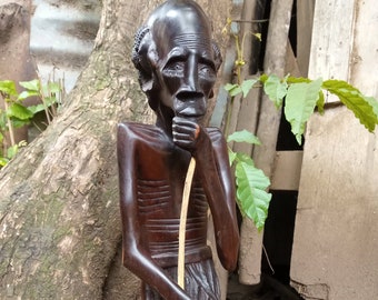 Original Blackwood or Rose Wood "Maasai Wise Man" Sculpture Kenya Africa Kamba Office Hand-Carved Table Shelf Floor Statue Modern Art Deco