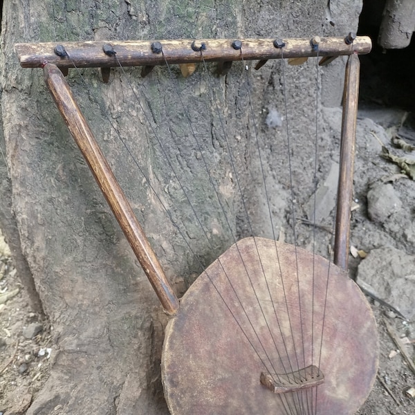 Handmade Stringed Original Nyatiti Plucked Bowl Yoke Lute Cowhide Leather Gourd Functional Luo Tribe Guitar Kenya Africa Art Music Wall Deco