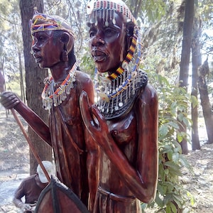 Set of (1or2) Solid Rosewood Maasai Husband & Wife Statues Kenya Africa Handcarved Sculptures Life Size Entryway Art Object Antique Vintage