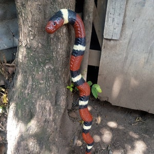 Original Kingsnake Hiking Walking Stick Cane Handmade Kenya Africa Solid 1 Piece Jacaranda Hardwood Snake Red Yellow Stripe Unisex Pick Size