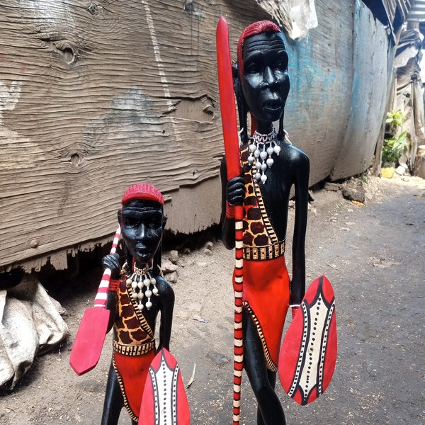 Carved Jacaranda Wood "Maasai Warrior" Original Kamba Tribal Art Kenya Africa Table Shelf Sculpture Statue Living Room Hallway Decoration