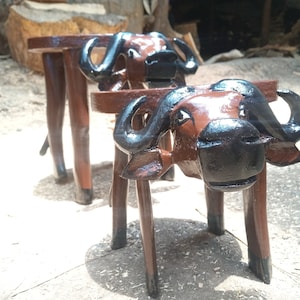 Set of 3 Side Table Stools Plant Stands Original African Hardwood Home Furniture Handcarved Art Lion Wildebeast Animal Brown Orange Nursery