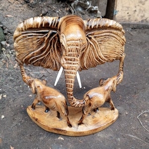 Kamba Tribal Plaque Elephant Mask Kenya Africa Olivewood Carving Original Handcarved Art Handmade Shelf Decoration 3 Elephants Beige Brown