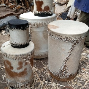 Double Water Drum Side Table Original Cowhide Leather Fully Functional Kamba Tribe Africa Brown White Black Art You Choose Color Floor Deco