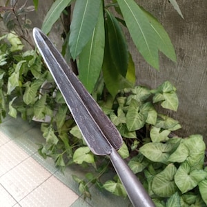 May include: A long, metal spear with a wooden handle. The spear has a sharp point and a long, narrow blade. The handle is brown and has a rough texture.