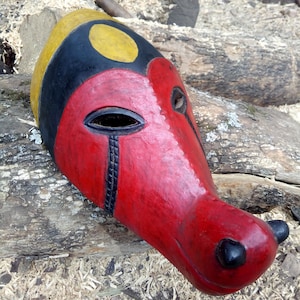 Original Ibibio Vintage Tribal Mask &quot;Alpha Goat&quot; Nigeria Africa Wood Art Carving Antique Shelf Table Wall Hanging Red Yellow Black 1970-1980