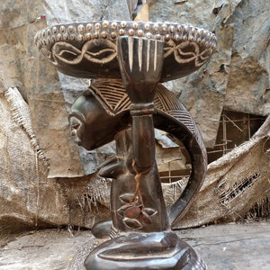 DRC Tabwa Tribe Stool Chair Solid 1-Piece Hardwood African Original Home Furniture Handcarved Side Table Footrest Vintage Design Brown WHT