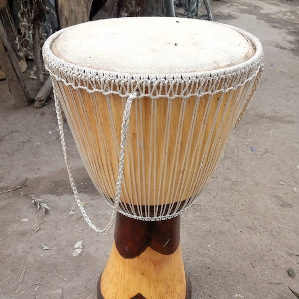 27INCH x 14INCH Original Working African Drum Kamba Tribe Kenya Brown White Art Decoration & Functional Musical Instrument Cowhide Leather