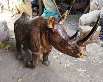 BIG Jacaranda Rhinoceros & Baby Animal Sculpture Statue Original Kamba Tribe Kenya Africa Handcarved Desk Home Office Modern Art Deco Object