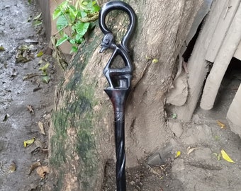 African "Thinking Man" Walking Hiking Stick Cane Original 1960's Style Handmade Kenya Africa Solid One Piece Natural Blackwood Various Sizes