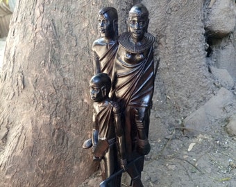 Ironwood Maasai Family Of 3 Original Kamba Tribe Art Kenya Africa Floor Sculpture Statue Living Room Entryway Hallway Decoration Or Rosewood