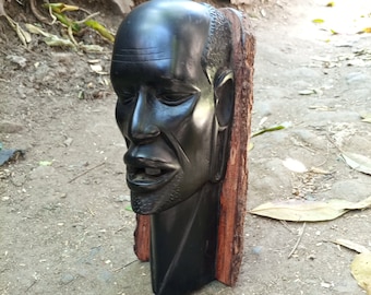 Original Live Edge 1Piece Solid Rosewood / Blackwood Neck Maasai Man Bust Kenya Africa Handcarved Collectible Table Shelf Floor Art Object