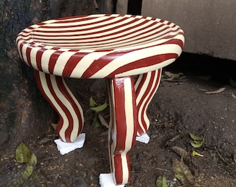 16x16IN Striped Stool Chair U PIK COLORS African Original Home Furniture Handcarved Painted Kenya Kamba Art Deco Design Large Curved Seat