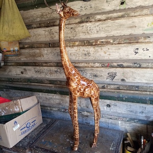 Tall Giraffe Safari Animal Wood Carving Original Kamba Tribe Jacaranda Art Kenya Africa Table Shelf Floor Statue Office Home In/Outdoor Deco
