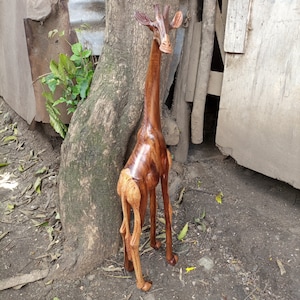 38INCH Handmade Rosewood Giraffe Original Kamba Art Kenya Africa Floor Sculpture Statue Floor Home Entryway Office Deco Floor Ironwood Large