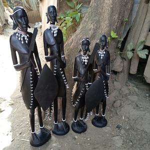 Handcarved 2PC SET Wood Maasai Warrior & Wife Original Tribal Art Kenya Africa Table Shelf Sculpture Statue Living Room Hallway Floor Deco