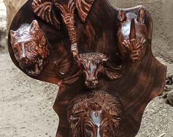 Carved Wood Big 5 Animals Original Kamba Art Kenya Africa Shelf Table Sculpture Statue Room Entryway Hallway Home Hardwood Deco U Pik Wood