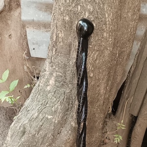 May include: A black walking stick with a twisted design and a rounded top. The stick is made of wood and has a metal tip.