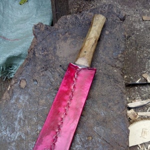 Original Maasai Double Edge Hunting Knife High Carbon Steel Double Edge Weighted Blade Slim Style Goat Skin Sheath Wood Handle Africa Art