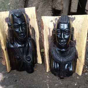 Original Live Edge Black / Rose Wood 2PC Set Maasai Man & Woman Bust Sculpture Kenya Africa Kamba Handcarved Table Shelf Floor Sculpture Art