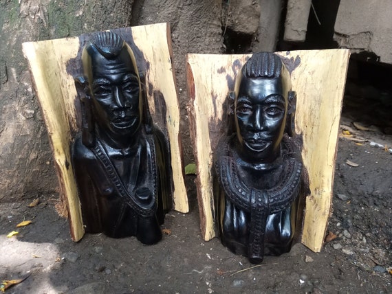 2 Wooden handmade African sculptures figurines high quality statues Africans Pair of wooden african busts Set of two Wood Sculpture Man Woman On Sale