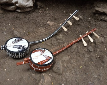 2 Handmade Zeze Guitar Drums Playable Original Cowhide Leather & Jacaranda Functional Kamba Kenya Africa Brown White Black Art Toy Wall Deco