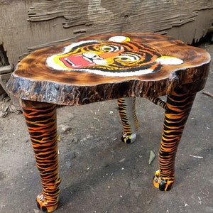 FOLDING Tiger Table Stool Chair Live Edge Jacaranda Wood Africa Original Home Furniture Handcarved Kamba Art Deco Orange Yellow White Black