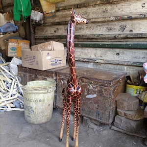 Painted Tall Giraffe Safari Animal Wood Carving Original Kamba Tribe Art Kenya Africa Table Shelf Floor Statue Office Home In/Outdoor Deco