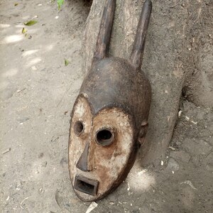 Original Used Mituku Tribal Mask Horns DRC Africa Fully-Functional Wood Art Carving Vintage Congo Shaman Worn Wall Hanging Deco Parties USED